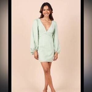 Petal & Pup XL Emilina Green Bodycon Mini Dress Plunge Neckline Bishop Sleeves